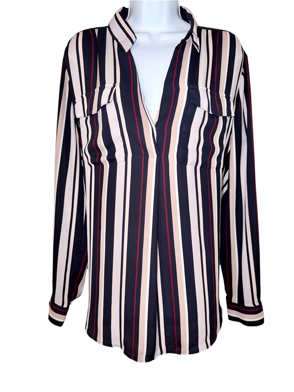 Ann Taylor Navy Vertical Stripe Button-Down Blouse - Size L
